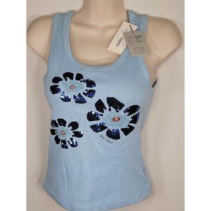 OSCAR JEANS Blue Beaded Sequins Flower Accent Sleeveless Top Size S /CH (small)